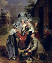Un vendedor ambulante vendiendo bufandas a mujeres de Troyes